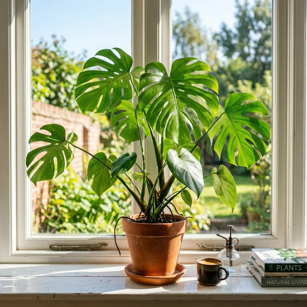 Beautiful healthy monstera plant on a bright windowsill