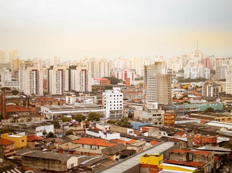 High angle view of São Paulo's urban landscape with skyscrapers and residential buildings.
