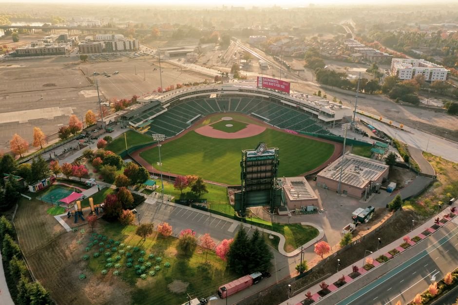 A stunning aerial view of Sutter Health Park baseball stadium in Sacramento during fall.
