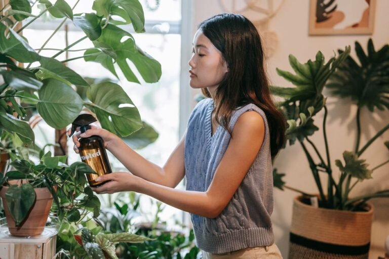 Asian woman using a spray bottle to water houseplants in a cozy indoor setting.