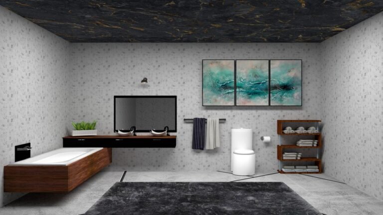Stylish bathroom with double sinks, art decor, and a luxurious bathtub.